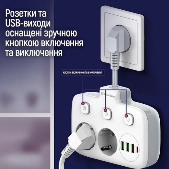 Фільтр мережевий 2 розетки/3USB-A/1Type-C CW-CHE24PDW ColorWay | Зображення 1