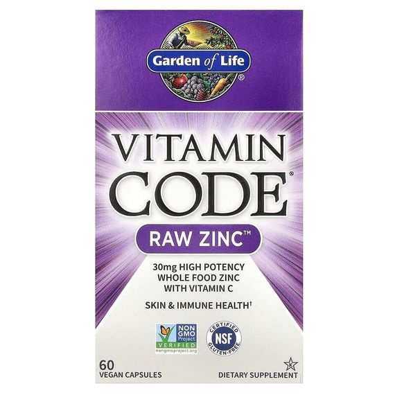 Сирий Цинк з вітаміном С, Vitamin Code, Raw Zinc, Garden of Life, Vitamin Code, 60 капсул | Зображення 1