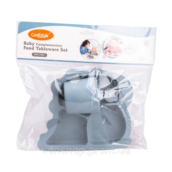 Детский набор силиконовой посуды чашка / тарелка с тремя секциями / ложка Синий HP34545BL | Зображення 6