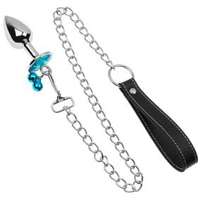 Металлическая анальная пробка с поводком M - 3,4*8,2 (см) Бирюзовый – Анальные игрушки