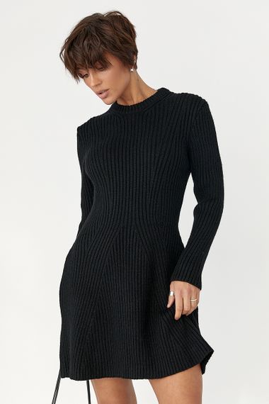 Жіноча в'язана коротка сукня в рубчик - чорний цвет, ONE SIZE (є розміри) | Зображення 2