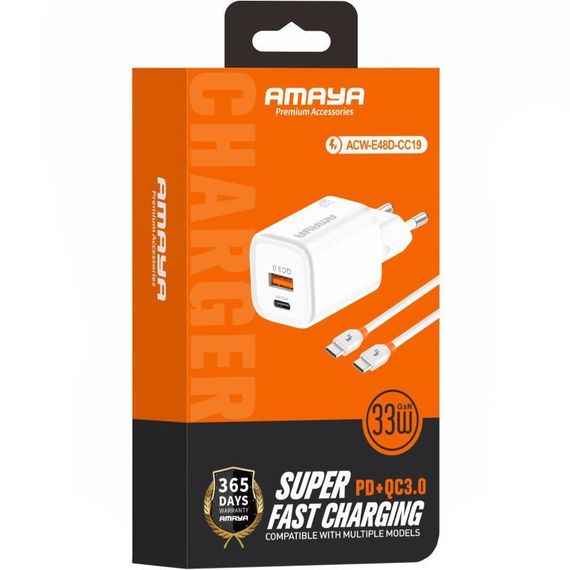 МЗП Amaya E48D PD33W+QC3.0 (1USB-A/1C) + кабель Type-C to Type-C White | Зображення 1