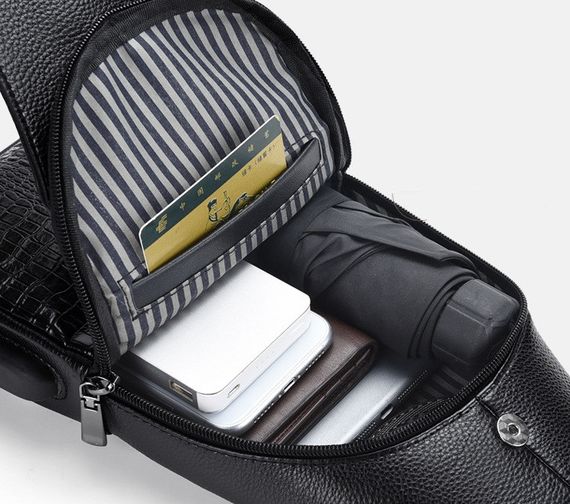 Сумка слінг чоловіча нагрудна чорна під крокодила з портом USB | Зображення 5