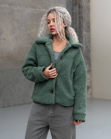 Женская короткая куртка мех Тедди, MN0002  цвет оливковый, размер M