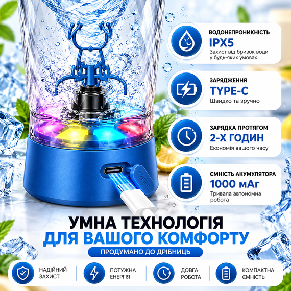 Электрический шейкер 650 мл синий аккумуляторный для протеина с LED-подсветкой USB Type-C и контейнером для порошка | Зображення 4