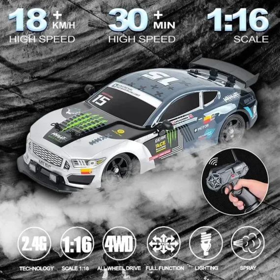 Машинка на радіоуправлінні Ford Mustang 1:16, сіра – для дрифту та перегонів, 4WD, до 18 км/год | Зображення 3