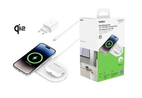 Зарядний пристрій Belkin бездротовий 2в1 15Вт Pad Qi2, білий (WIZ021VFWH)