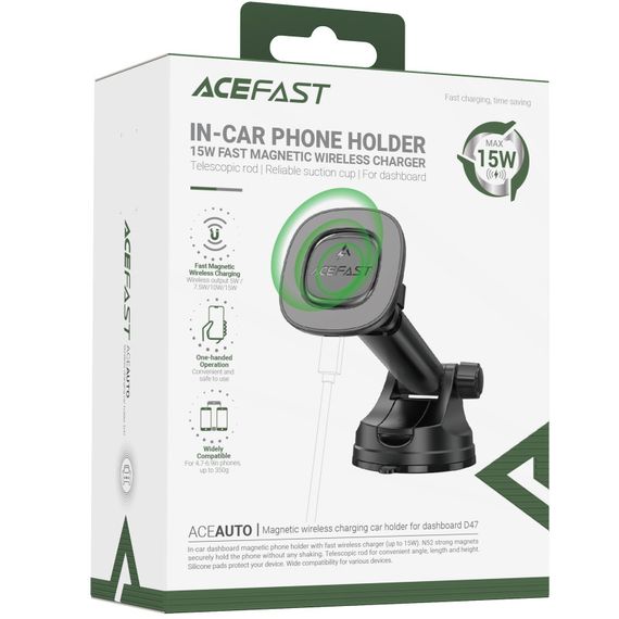 Автотримач з БЗП Acefast D47 Magnetic Charging 15W (center console) Black | Зображення 1