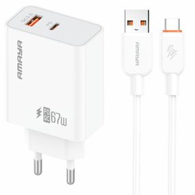 СЗУ Amaya E72D PD67W+QC3.0 (1USB-A/1C) + кабель USB to Type-C White