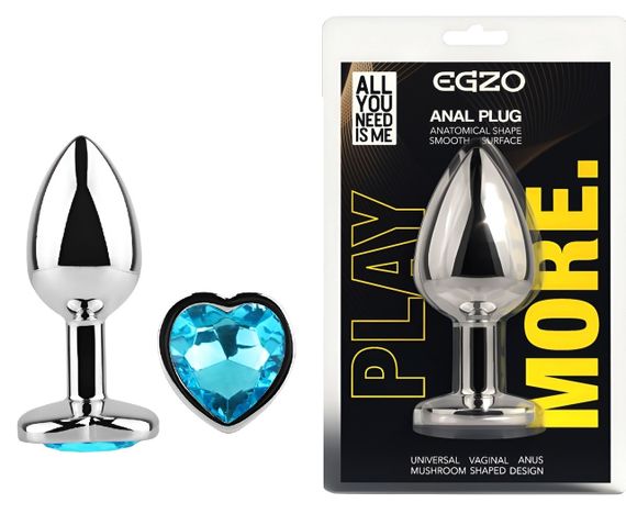 Анальна пробка з кристалом EGZO - Silver Heart Plug Aqua size S Sex Aura