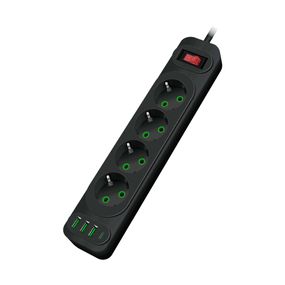 Мережевий фільтр F24U, 4 розетки EU+3 USB+PD, кнопка включення з індикатором, 2 м, 3х0,75мм, 2500W, Black, Box