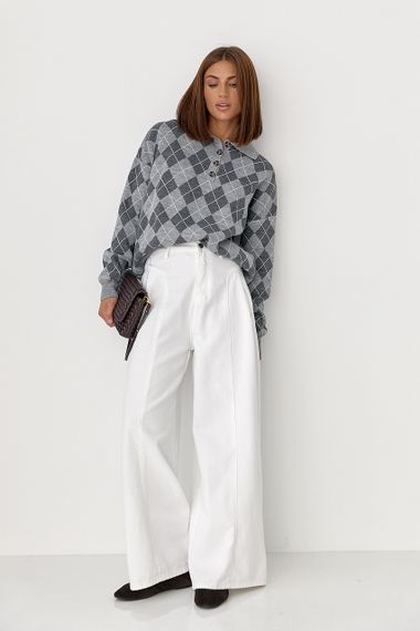 Вільний светр-поло з ромбами - сірий цвет, ONE SIZE (є розміри) | Зображення 2