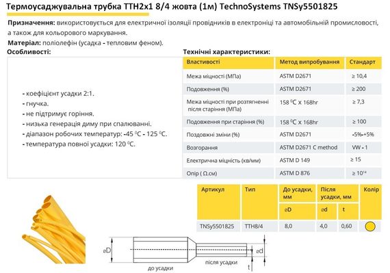 Термоусадочная трубка ТТН2х1 8/4 желтая 1 метр Ny95501825 | Зображення 1