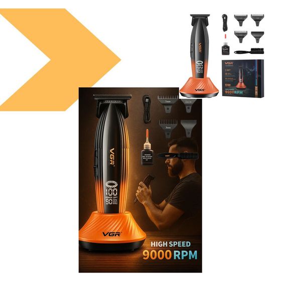 Акумуляторний тример з LED-дисплеєм VGR V-075 Pro, 4 насадки, 9000RPM (47864-V-889T_1012) | Зображення 4