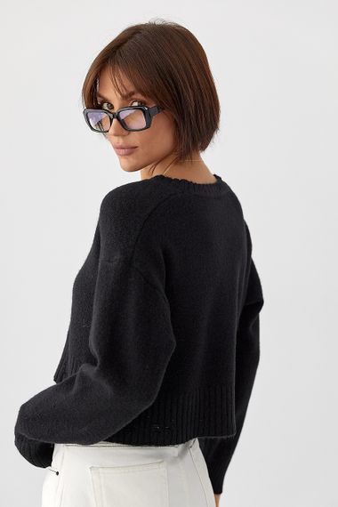 Укорочена в’язана кофта зі рваним ефектом - чорний цвет, ONE SIZE (є розміри) | Зображення 1