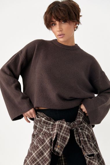 В'язана однотонна кофта з широкими рукавами - коричневий цвет, ONE SIZE (є розміри)