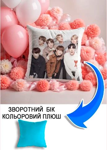 Подушка плюшева Мерч Крафт Дизайн з принтом BTS блакитний плюш квадратна 33х33 см