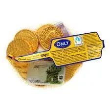 Монети та банкноти золоті шоколадні новорічні в сітці Only, 100 г (Австрія)