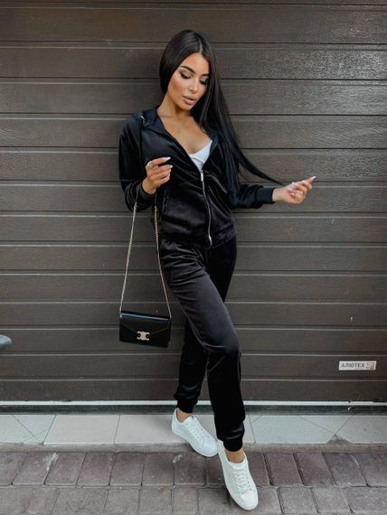 Жіночий спортивний костюм велюровий з кофтою на блискавці розмір S колір чорный Vi114