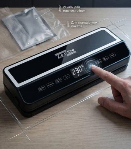 Вакуумный упаковщик Zepline ZP-00374 с пакетами вакууматор с сенсорной панелью управления дисплей LED-подсветка 200 Вт Черный | Зображення 2