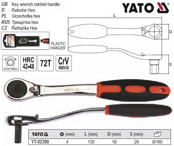 Трещотка ключ YATO Польша тріщатка шестигранна вигнута HEX4 YT-02390
