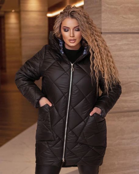 Женская демисезонная куртка больших размеров утепленная удлиненнная PB2160 черная, размер 56 | Зображення 1