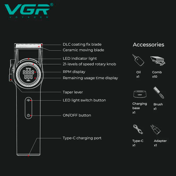 Набор VGR 2 в 1 V-001&amp;V-977 RED, аккумуляторная машинка для стрижки и триммер | Зображення 4