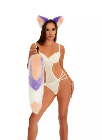 Анальний хутряний хвіст без пробки, Триколірний: Персиковий, фіолетовий, білий з персиковим кінчиком, OKOVA 60 см. Sex Aura | Зображення 4