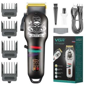 Машинка для стрижки волос и бороды профессиональная VGR V-699 с насадками и LED дисплеем. Цвет: черный