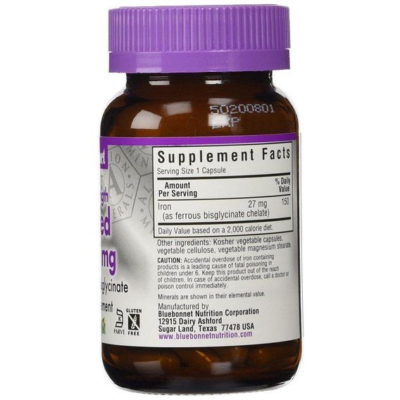 Микроэлемент Железо Bluebonnet Nutrition Albion Extra-Strength Chelated Iron 27 mg 90 Veg Caps | Зображення 1