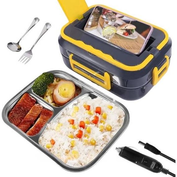 Ланч-бокс с подогревом 3 отделения  220W/12V нержавейка с приборами