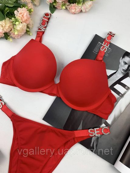 Комплект женского нижнего белья Victoria's Secret Буквы со стразами - 80В -  Красный | Зображення 2