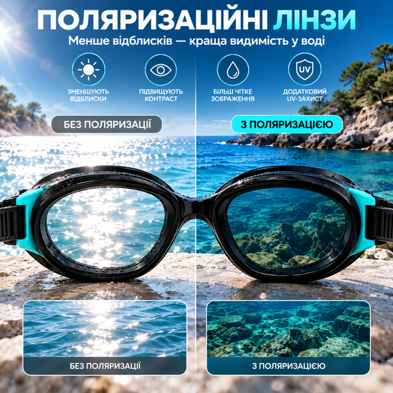 Окуляри для плавання YJ10 поляризаційні, Anti-Fog, UV-захист, чорні з бірюзовими вставками | Зображення 8