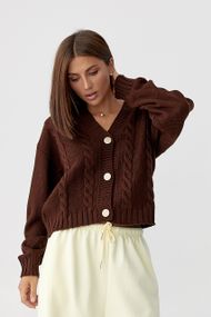 Короткий в'язаний кардиган з косичками - коричневий цвет, ONE SIZE (є розміри)