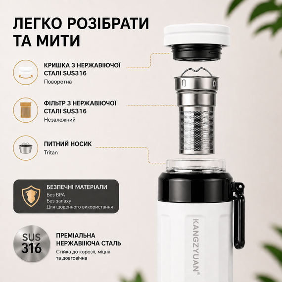 Термос-бутылка KANGZYUAN 600 мл (0.6 л) вакуумная из нержавеющей стали, белая: для воды, чая, кофе, спорта, авто | Зображення 2