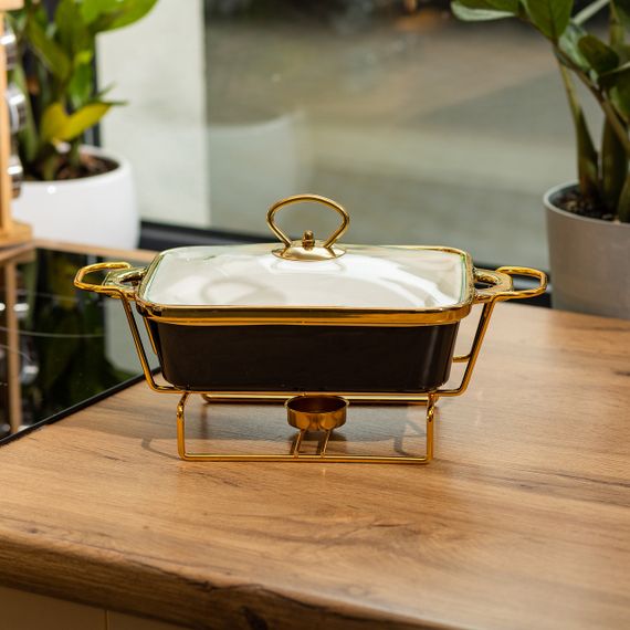 Марміт порцелянаовий із скляною кришкою 31х16х15.5 см на металевій підставці 1 л Чорний HTJ-1001 | Зображення 4