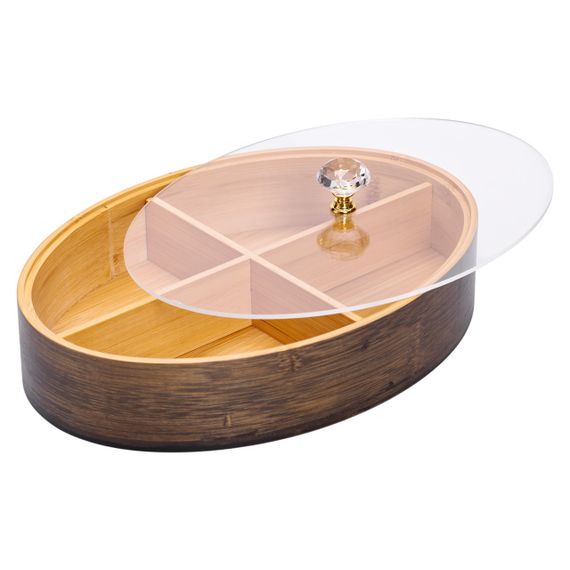 Менажниця дерев'яна на 4 секції зі скляною кришкою для закусок овальна HB-40-8 | Зображення 2
