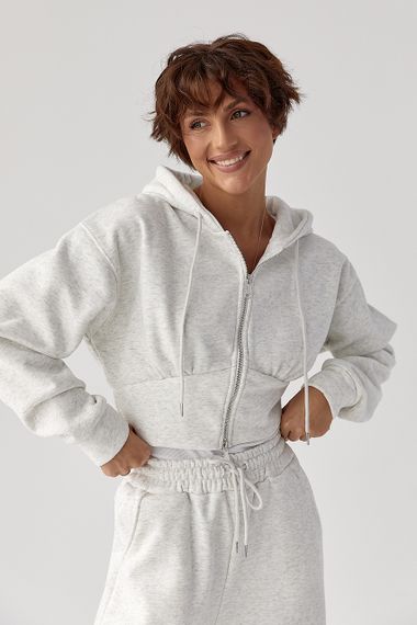 Теплий спортивний костюм з коротким худі та широкими штанами - світло-сірий цвет, M (є розміри) | Зображення 2