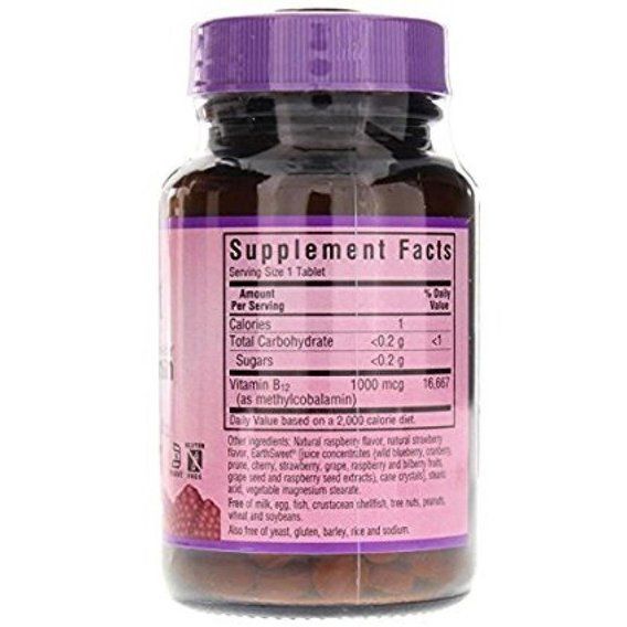 Витамин Б12 Bluebonnet Nutrition Earth Sweet Chewables Methylcobalamin 1000 mcg 60 Chewable Tabs Natural Raspberry Flavor | Зображення 1