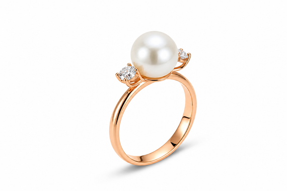 Кольцо с белым жемчугом и муассанитами из красного золота К-0715 21.5 | Зображення 4