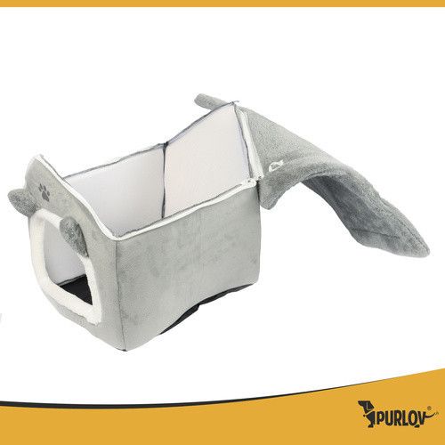 Ліжко-будиночок для котів Purlov — м’яке плюшеве ліжко з дахом на блискавці та подушкою — елегантний сірий колір | Зображення 4