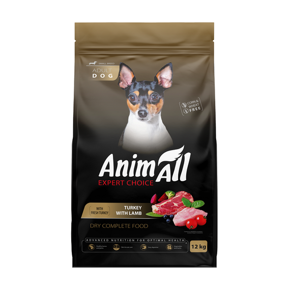 AnimAll Полнорационный сухой корм для взрослых собак малых пород со свежей индейкой и ягненком, 12 кг