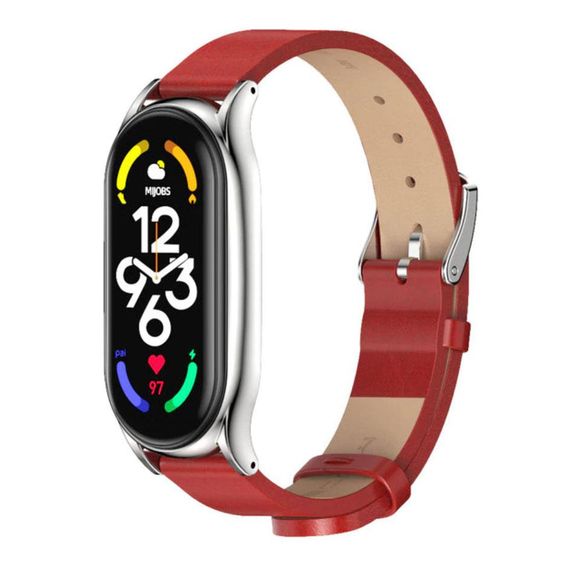Кожаный ремешок Primo Mijobs для фитнес-браслета Xiaomi Mi Smart Band 7 - Red&Silver