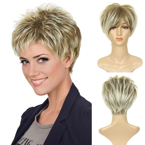 Стильный короткий многослойный женский парик пикси с челкой, блонд с затемненными корнями, термостойкий PHOCAS