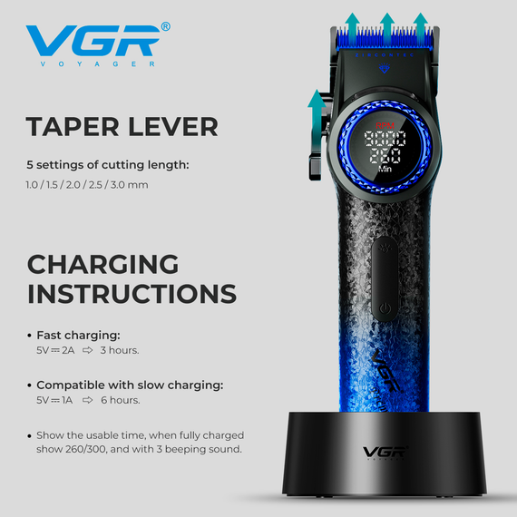 Аккумуляторная машинка для стрижки VGR V-001 BLUE, 10 насадок, 9000 RPM, 4600 mAh, LED дисплей | Зображення 5