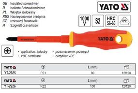 Отвертка изолированная YATO Польша диэлектрическая электрика 1000V PZ2 l=100 мм YT-2826