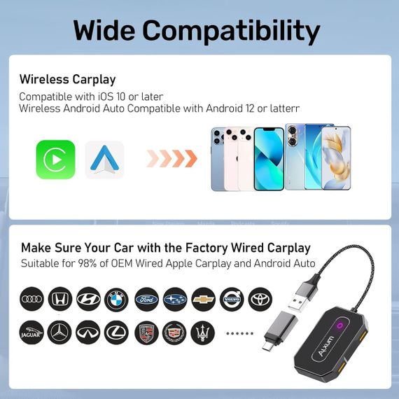 Автомобільний бездротовий адаптер Alxum для CarPlay Android Auto, для авто з дротовим CarPlay, Plug & Play карплей | Зображення 6