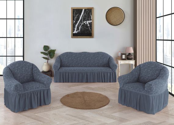 Жакардовий чохол на диван + 2 крісла Roza з спідницею Темно-сірий