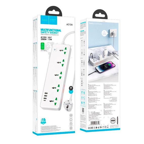Мережевий фільтр HOCO AC13A на 5 розеток + 3 USB + USB-C, 17W, 220В, кабель 1 | Зображення 3