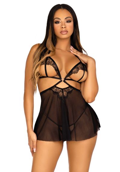 Сорочка беби-долл с открытыми чашками Leg Avenue Lace and mesh babydoll & panty Black S, стринги